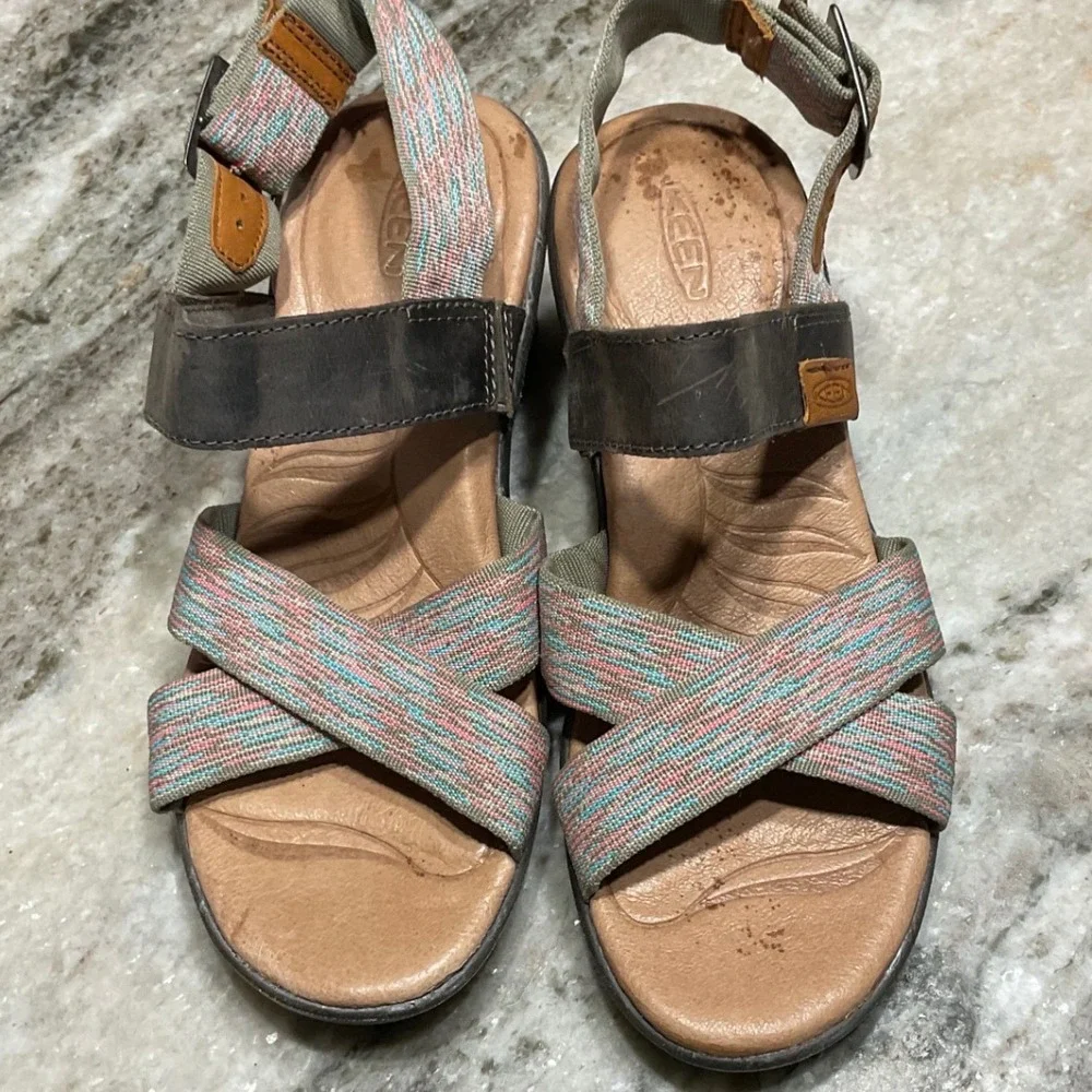 Keen Wedge Sandals Womens 5 Leather Woven Strappy Brown Multicolor Comfort